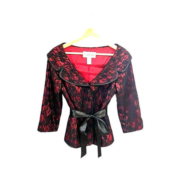 Victor Costa Black Lace Overlay Jacket Sz 10 Belted Waist Whimsigoth Cocktail - Picture 1 of 7